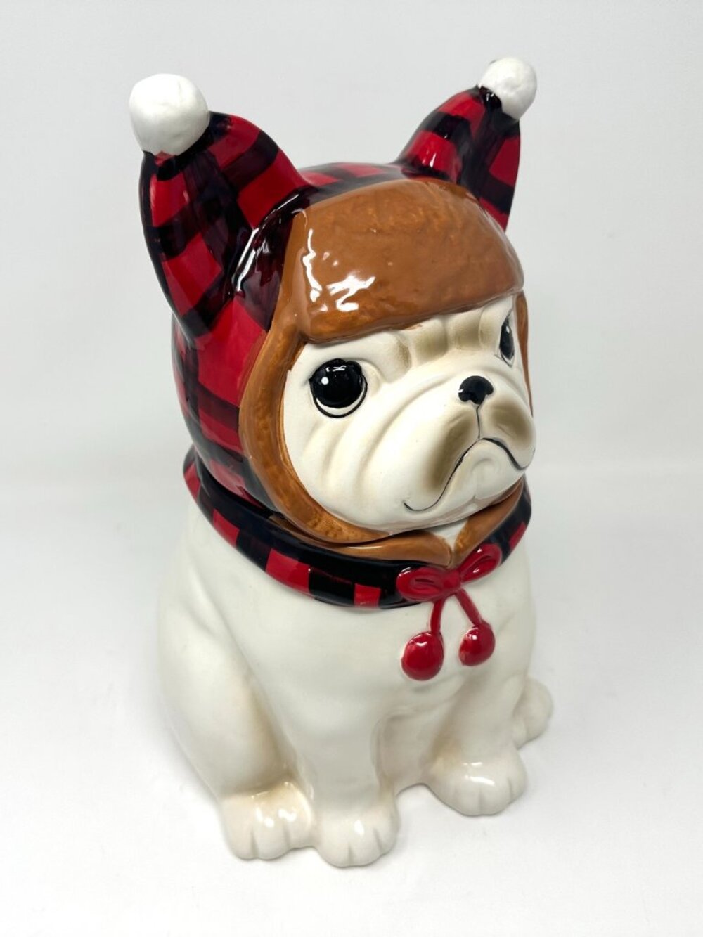 World Market White French Bulldog w/Red & Black Hat Cookie Jar Super Cute!!